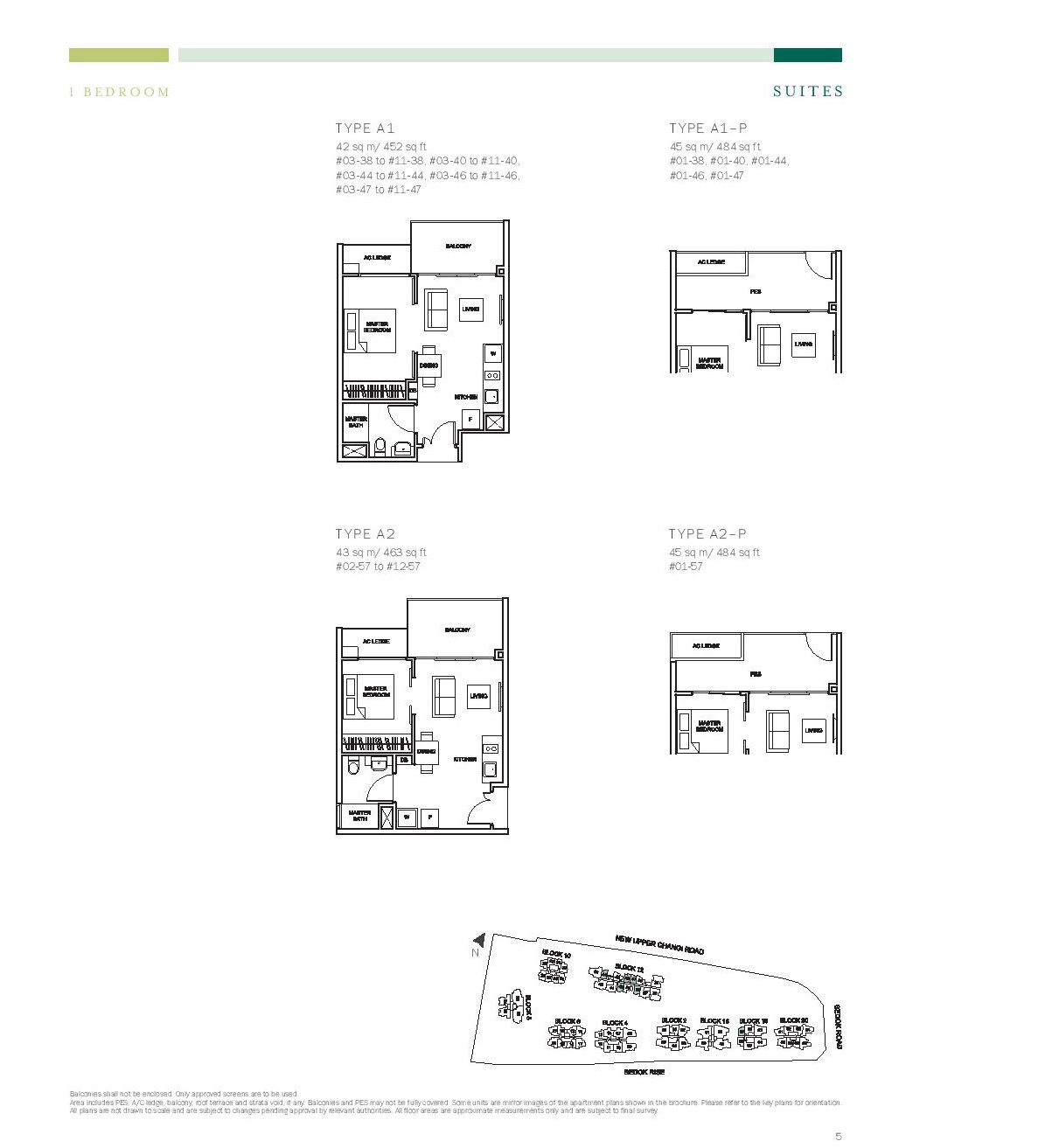 The Glades @ Tanah Merah 1 Bedroom Floor Type A1, A2, A1-P, A2-P Plans