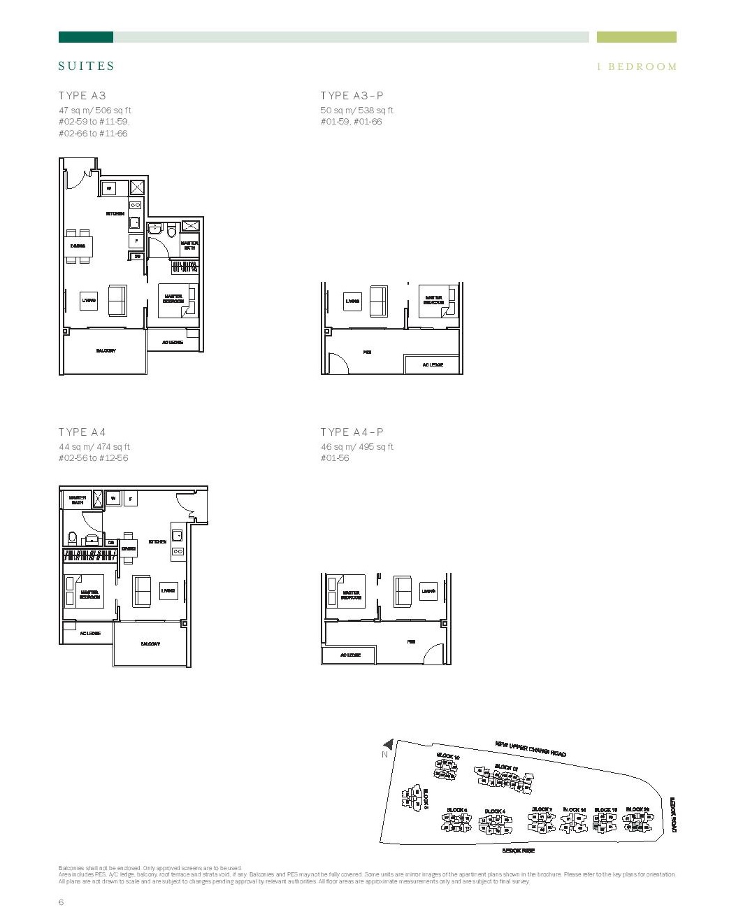 The Glades @ Tanah Merah 1 Bedroom Floor Type A3, A4, A3-P, A4-P Plans