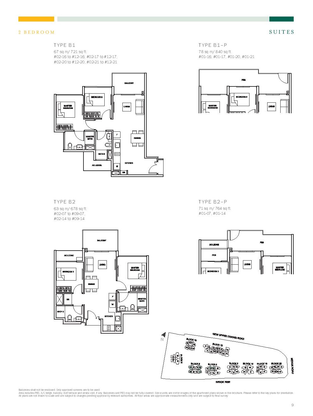 The Glades @ Tanah Merah 2 Bedroom Floor Type B1, B2, B1-P, B2-P Plans