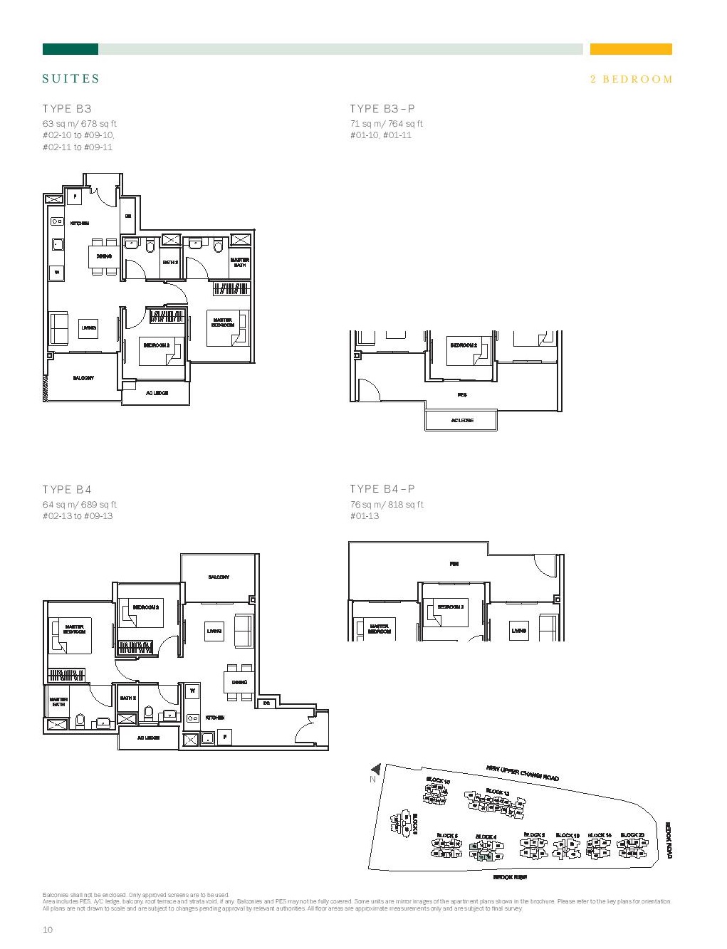 The Glades @ Tanah Merah 2 Bedroom Floor Type B3, B4, B3-P, B4-P Plans