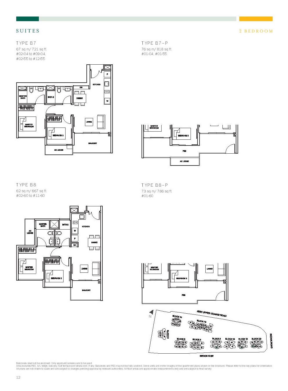 The Glades @ Tanah Merah 2 Bedroom Floor Type B7, B8, B7-P, B8-P Plans