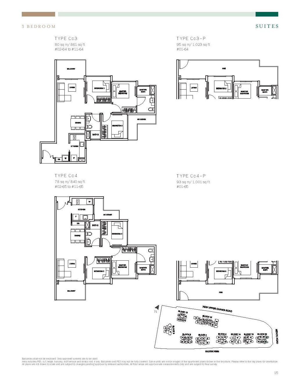 The Glades @ Tanah Merah 3 Bedroom Floor Type Cc1. Cc2, Cc1-P, Cc2-P Plans