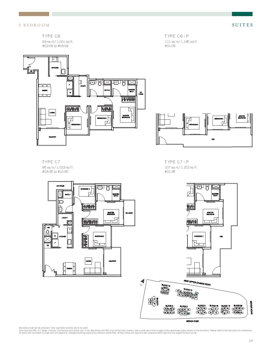 The Glades @ Tanah Merah 3 Bedroom Floor Type C6, C7, C6-P, C7-P Plans