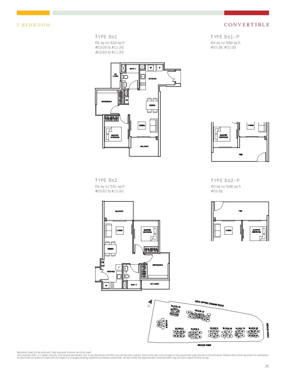 The Glades @ Tanah Merah 2 Bedroom Convertible Floor Type Bs1, Bs2, Bs1-P, Bs2-P Plans